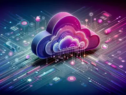 Representación gráfica de la computación en la nube, mostrando una nube estilizada interconectada con dispositivos y redes digitales en un fondo que mezcla tonos morados de cloud.gal con colores tecnológicos, simbolizando la innovación y la eficiencia en el mundo empresarial moderno