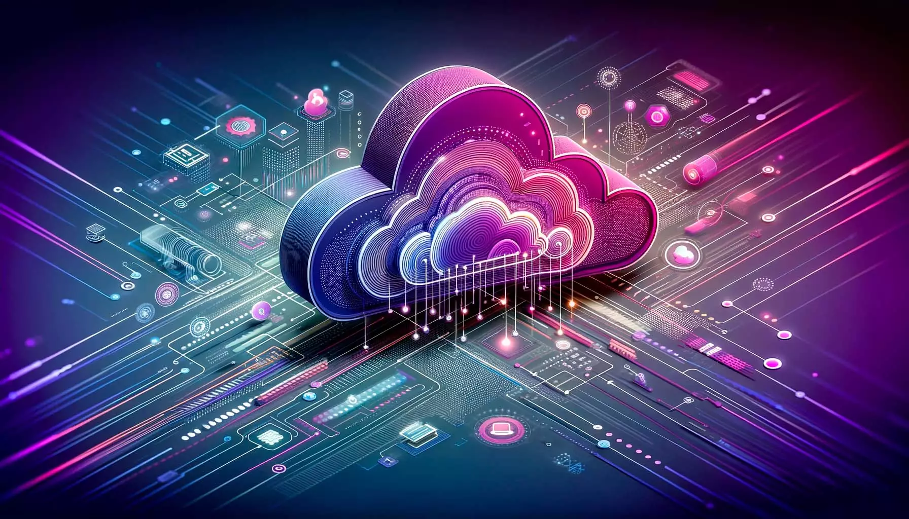 Representación gráfica de la computación en la nube, mostrando una nube estilizada interconectada con dispositivos y redes digitales en un fondo que mezcla tonos morados de cloud.gal con colores tecnológicos, simbolizando la innovación y la eficiencia en el mundo empresarial moderno